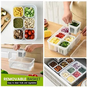 6 Grids Refrigerator Food Vegetable Fruit Storage Box Kitchen Chopped Green Onion Drain Water Divided Container