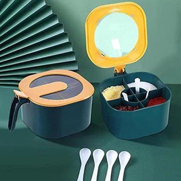 Set of 4 Seasoning Box with lid and 4 Spoons, Spice Box Four Compartment Container Kitchen Condiment Storage Organizer Jar Spice Pots Shaker with handle for Pepper, Salt, Sugar, Cruet, Blue